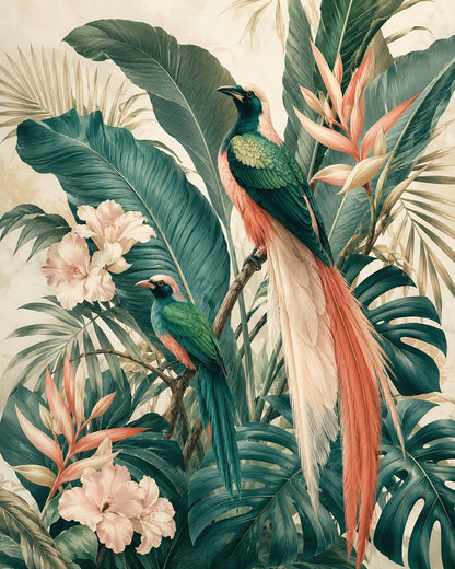 Paradiso Tropicale, uccelli tra foglie e fiori tropicali — stampa senza cornice, stampa incorniciata o tela