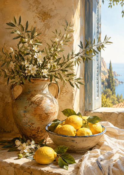 Quadro natura morta mediterranea con limoni - Limoni alla Finestra, stampa, tela o cornice