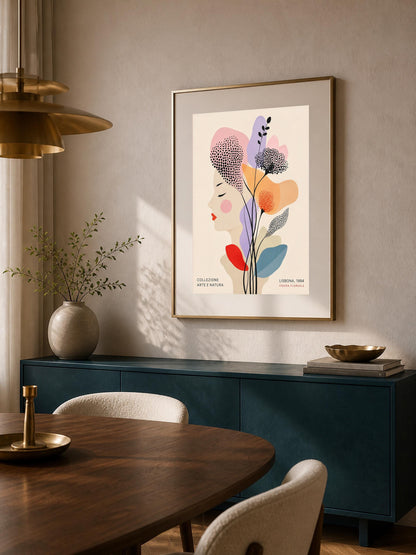 Quadro profilo femminile con fiori grafici - Profilo Fiorito di Lisbona, stampa, tela o cornice
