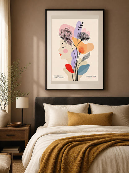 Quadro profilo femminile con fiori grafici - Profilo Fiorito di Lisbona, stampa, tela o cornice