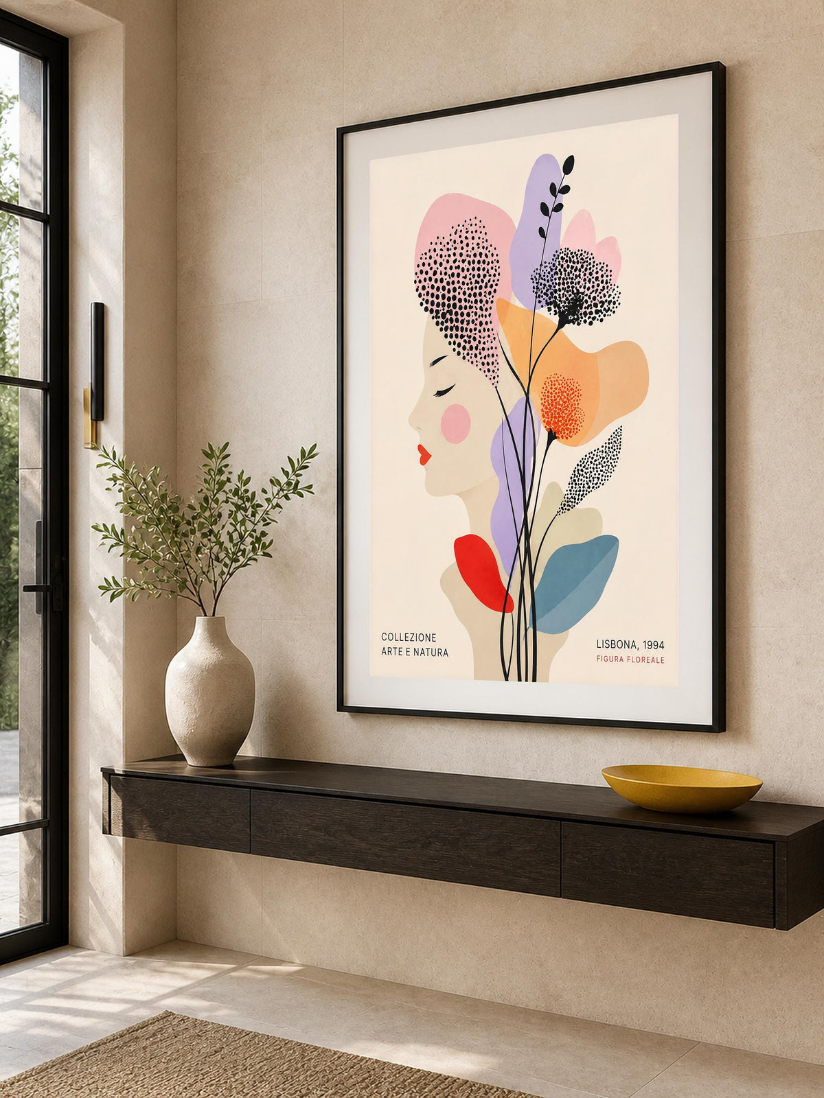 Quadro profilo femminile con fiori grafici - Profilo Fiorito di Lisbona, stampa, tela o cornice