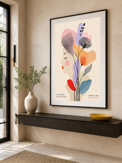 Quadro profilo femminile con fiori grafici - Profilo Fiorito di Lisbona, stampa, tela o cornice