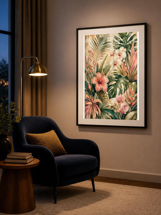 Giardino Tropicale, fiori e foglie di monstera — stampa senza cornice, stampa incorniciata o tela