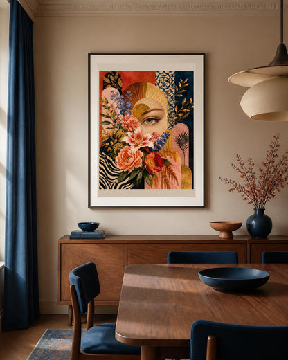 Sguardo Botanico, occhio tra fiori e forme decorative — stampa senza cornice, stampa incorniciata o tela
