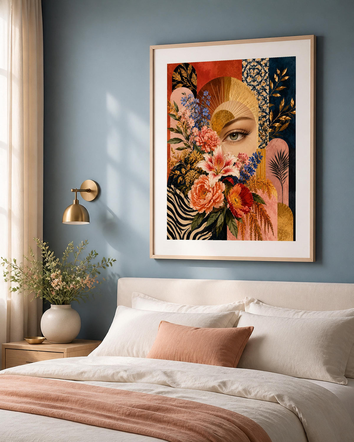 Sguardo Botanico, occhio tra fiori e forme decorative — stampa senza cornice, stampa incorniciata o tela