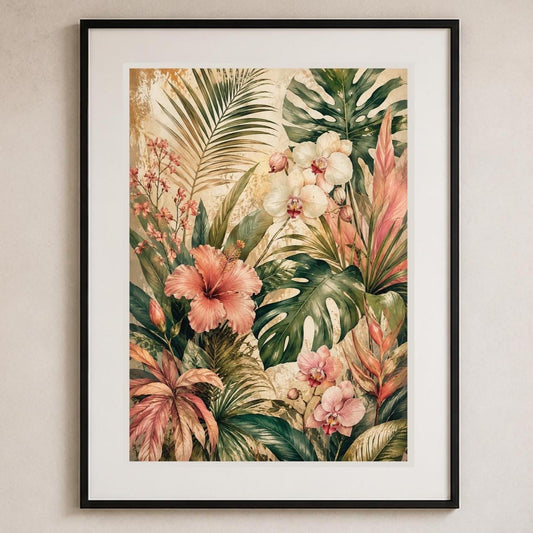 Giardino Tropicale, fiori e foglie di monstera — stampa senza cornice, stampa incorniciata o tela