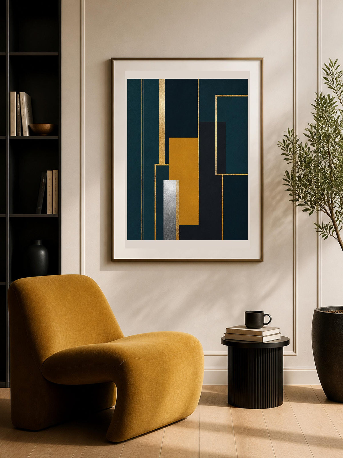 Quadro geometria art deco blu e oro - Architettura Dorata I, stampa, tela o cornice