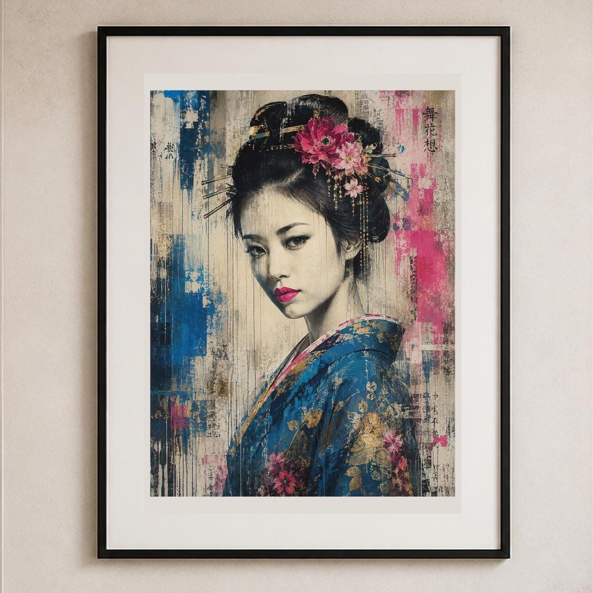 Geisha Contemporanea, ritratto femminile con fiori — stampa senza cornice, stampa incorniciata o tela