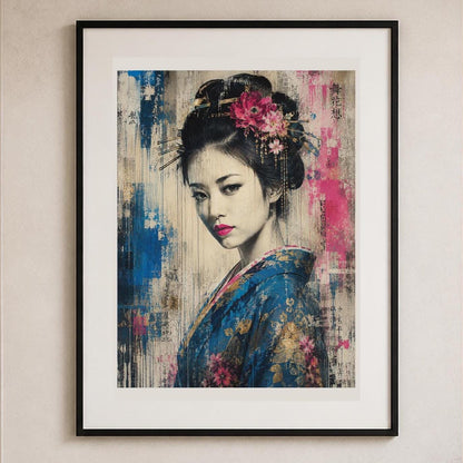 Geisha Contemporanea, ritratto femminile con fiori — stampa senza cornice, stampa incorniciata o tela