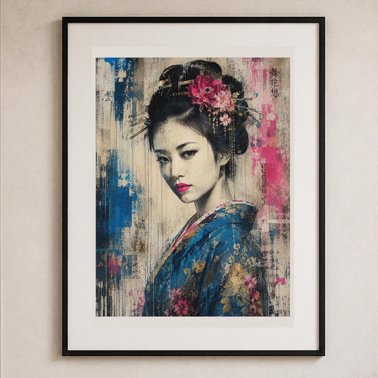 Geisha Contemporanea, ritratto femminile con fiori — stampa senza cornice, stampa incorniciata o tela