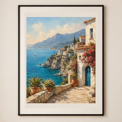 Terrazza sulla Costiera, arte mediterranea — stampa senza cornice, stampa incorniciata o tela