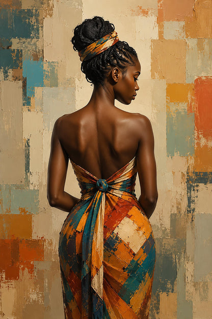 Quadro figura femminile africana con abito geometrico - Eleganza d'Africa, stampa, tela o cornice