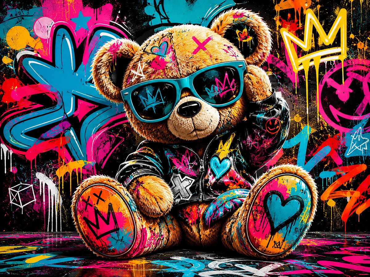 Quadro orsetto con occhiali in ambiente graffiti - Orsetto Street Pop, stampa, tela o cornice