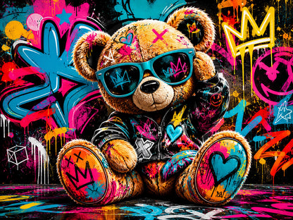 Quadro orsetto con occhiali in ambiente graffiti - Orsetto Street Pop, stampa, tela o cornice