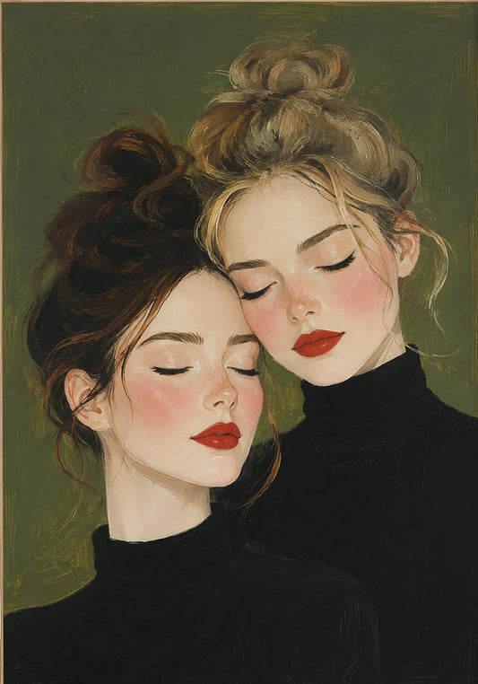 Quadro due figure femminili accostate con occhi chiusi - Sorelle in Quiete, stampa, tela o cornice