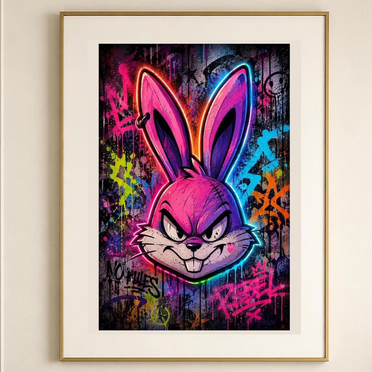 Quadro volto di coniglio animato in graffiti neon - Coniglio Neon Ribelle, stampa, tela o cornice