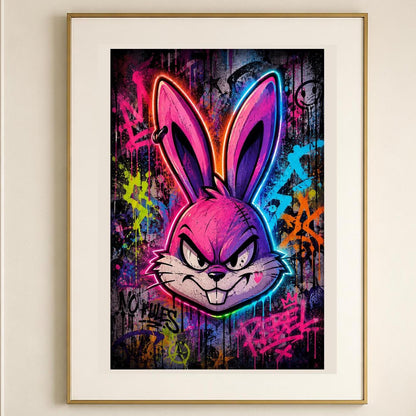Quadro volto di coniglio animato in graffiti neon - Coniglio Neon Ribelle, stampa, tela o cornice