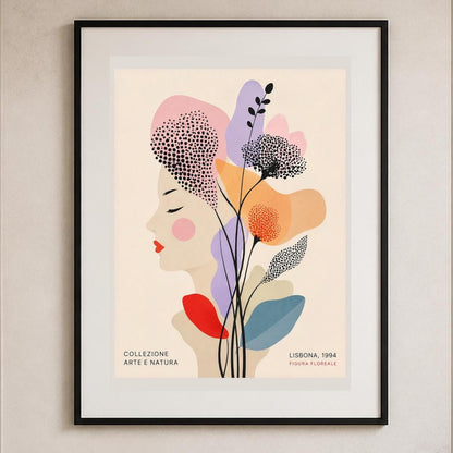 Quadro profilo femminile con fiori grafici - Profilo Fiorito di Lisbona, stampa, tela o cornice