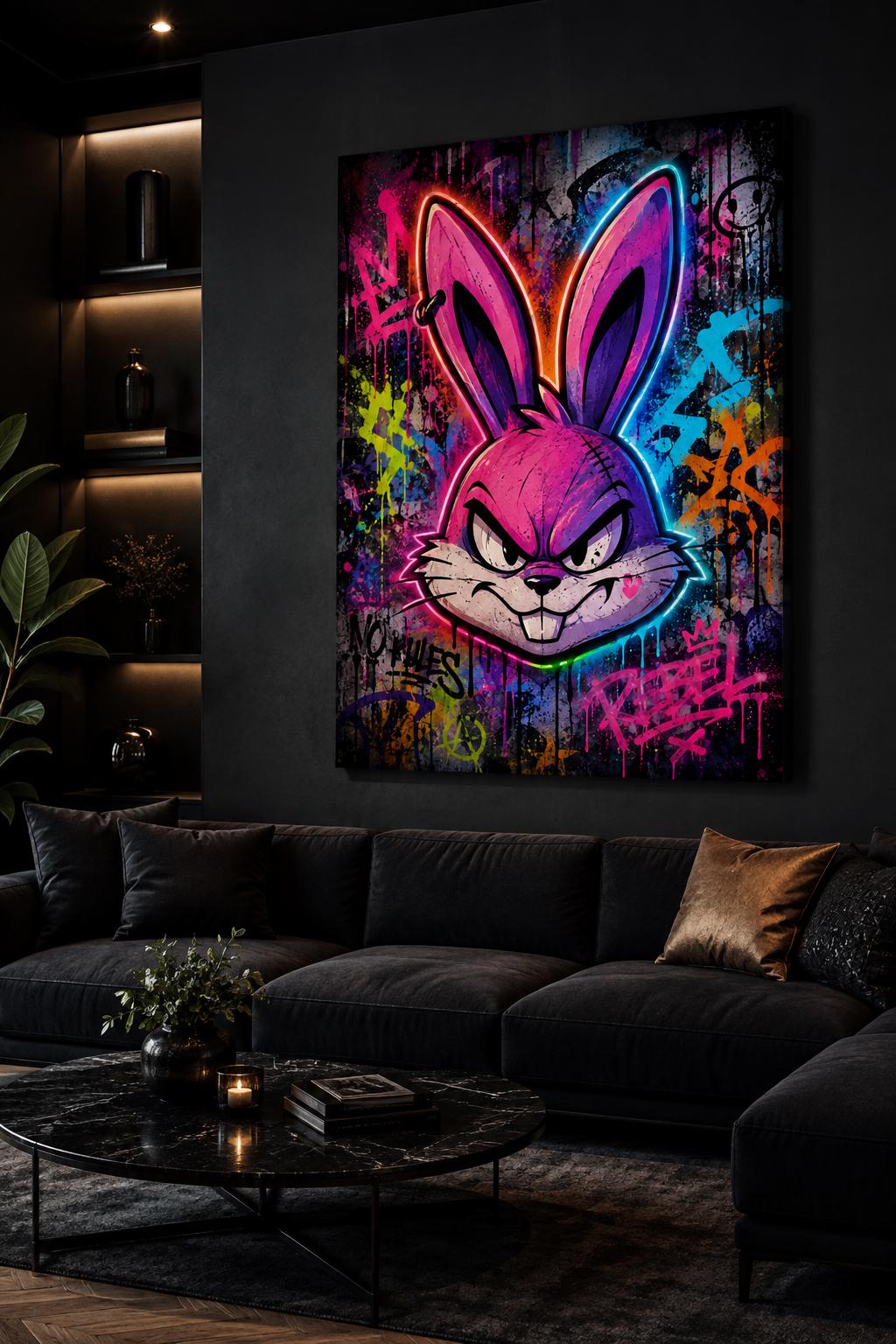 Quadro volto di coniglio animato in graffiti neon - Coniglio Neon Ribelle, stampa, tela o cornice