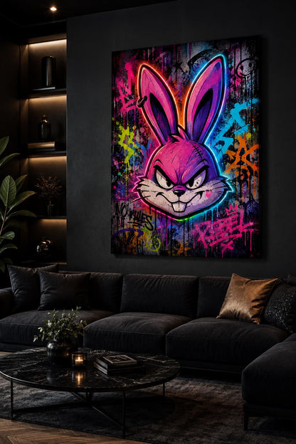 Quadro volto di coniglio animato in graffiti neon - Coniglio Neon Ribelle, stampa, tela o cornice