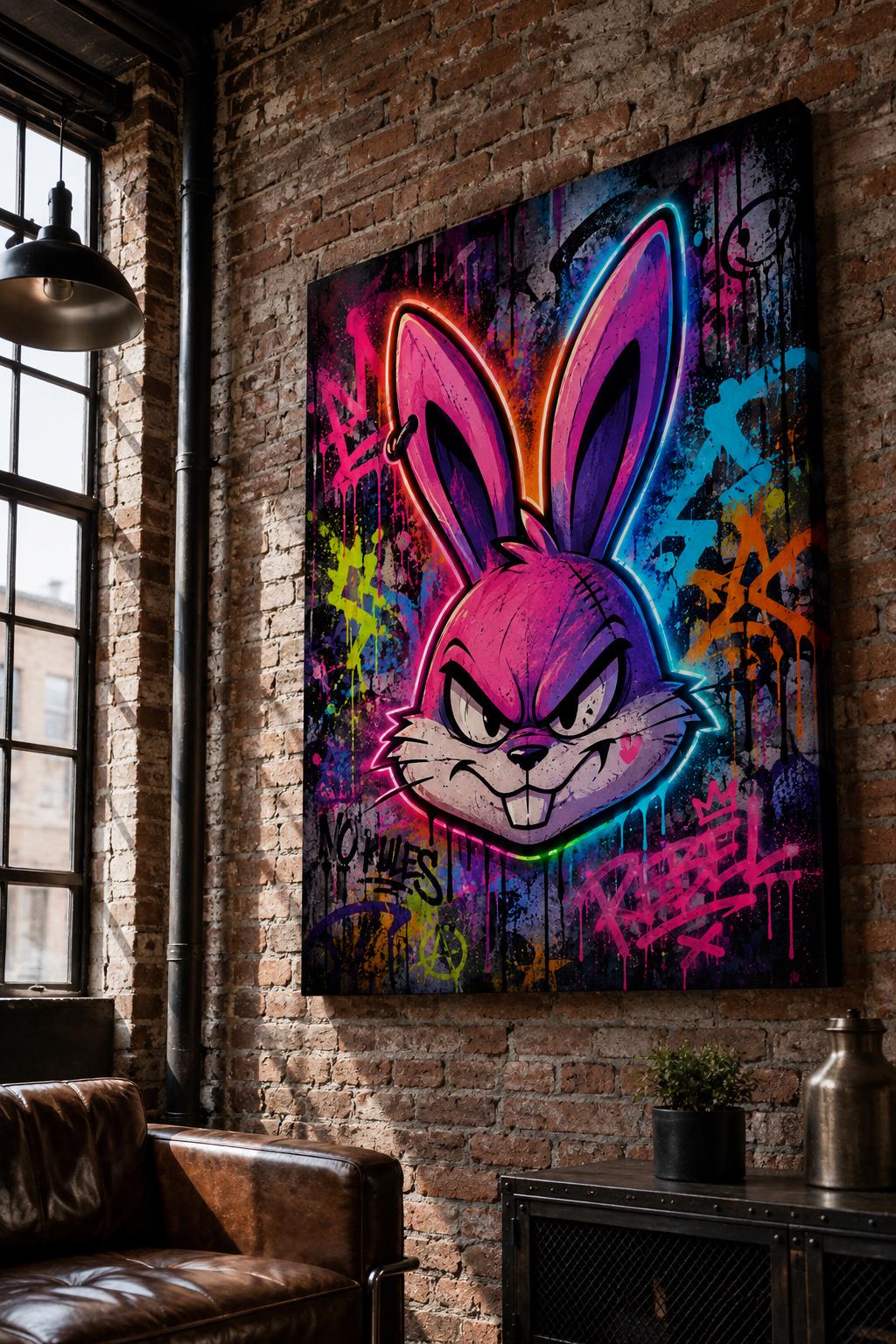 Quadro volto di coniglio animato in graffiti neon - Coniglio Neon Ribelle, stampa, tela o cornice