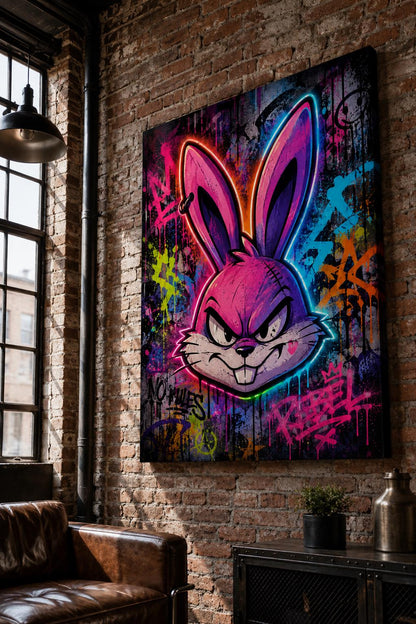 Quadro volto di coniglio animato in graffiti neon - Coniglio Neon Ribelle, stampa, tela o cornice