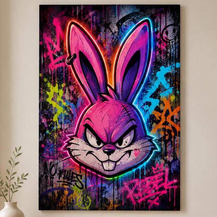 Quadro volto di coniglio animato in graffiti neon - Coniglio Neon Ribelle, stampa, tela o cornice