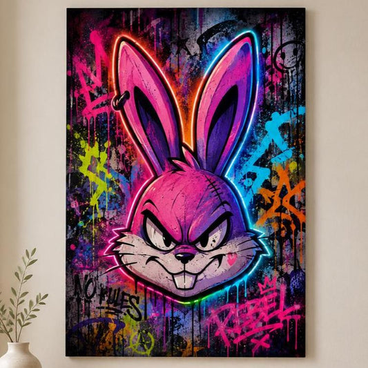 Quadro volto di coniglio animato in graffiti neon - Coniglio Neon Ribelle, stampa, tela o cornice