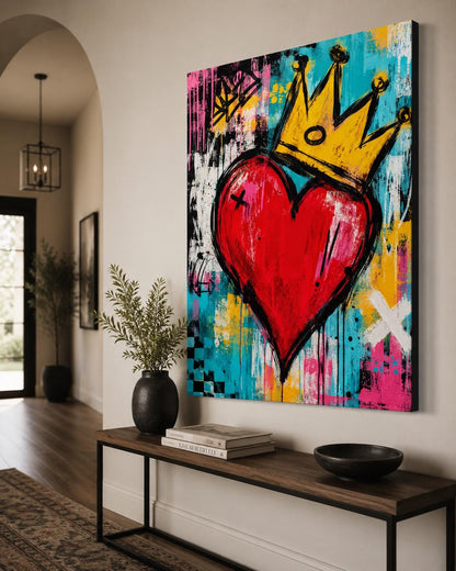 Quadro cuore rosso con corona e fondo pittorico - Cuore Incoronato, stampa, tela o cornice