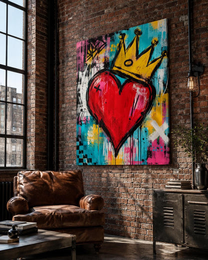 Quadro cuore rosso con corona e fondo pittorico - Cuore Incoronato, stampa, tela o cornice
