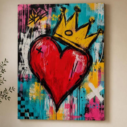 Quadro cuore rosso con corona e fondo pittorico - Cuore Incoronato, stampa, tela o cornice