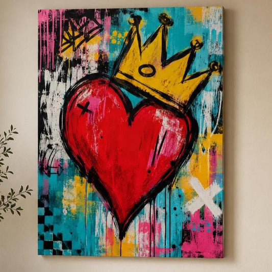 Quadro cuore rosso con corona e fondo pittorico - Cuore Incoronato, stampa, tela o cornice