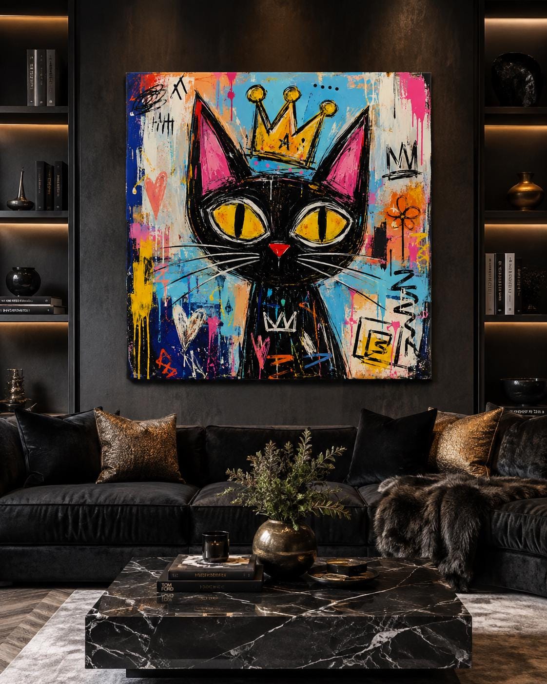 Quadro gatto nero con corona in stile street art - Gatto Reale Pop, stampa, tela o cornice