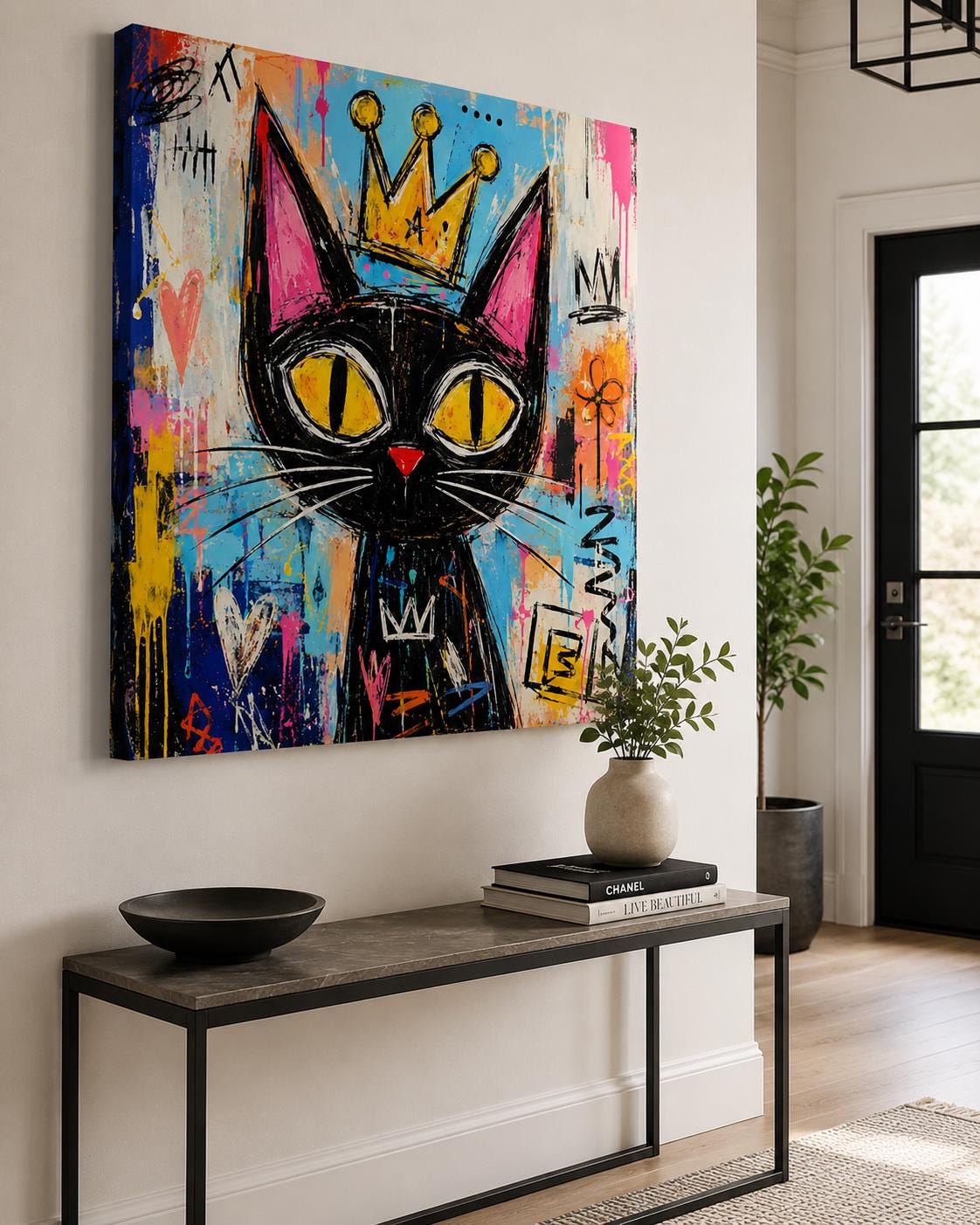 Quadro gatto nero con corona in stile street art - Gatto Reale Pop, stampa, tela o cornice