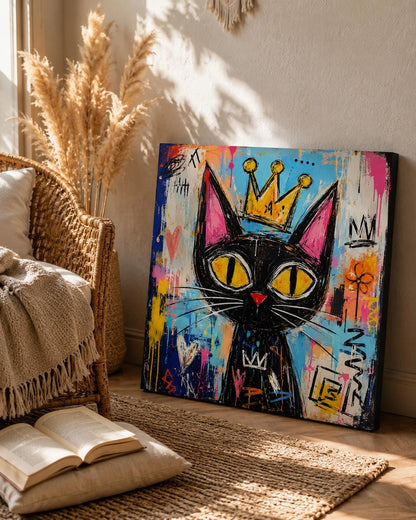 Quadro gatto nero con corona in stile street art - Gatto Reale Pop, stampa, tela o cornice