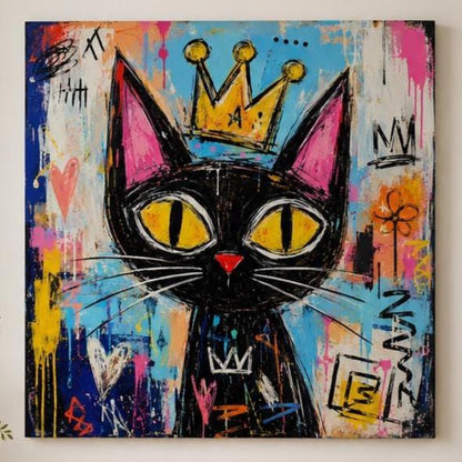 Quadro gatto nero con corona in stile street art - Gatto Reale Pop, stampa, tela o cornice