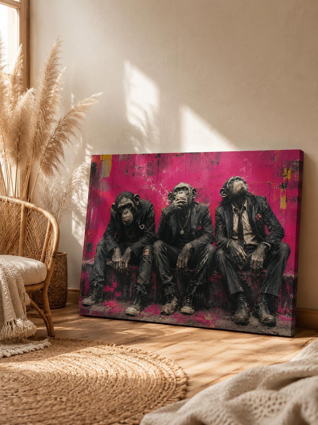 Quadro tre scimpanzé in abiti urbani - Tre Spiriti Urbani, stampa, tela o cornice