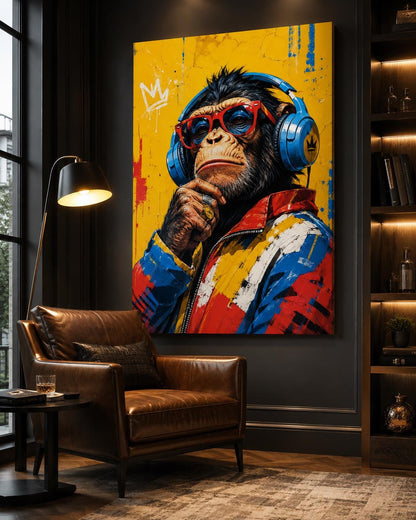Quadro scimpanzé con cuffie e occhiali - Scimmia Beat, stampa, tela o cornice