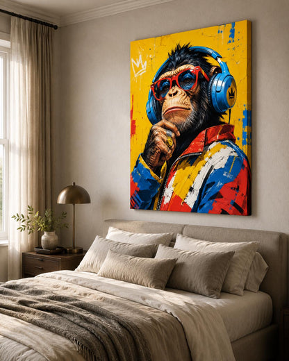 Quadro scimpanzé con cuffie e occhiali - Scimmia Beat, stampa, tela o cornice