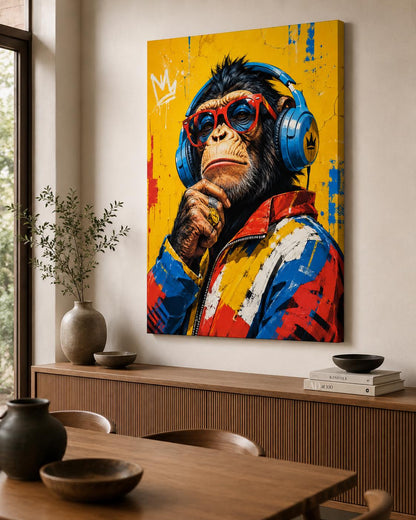 Quadro scimpanzé con cuffie e occhiali - Scimmia Beat, stampa, tela o cornice
