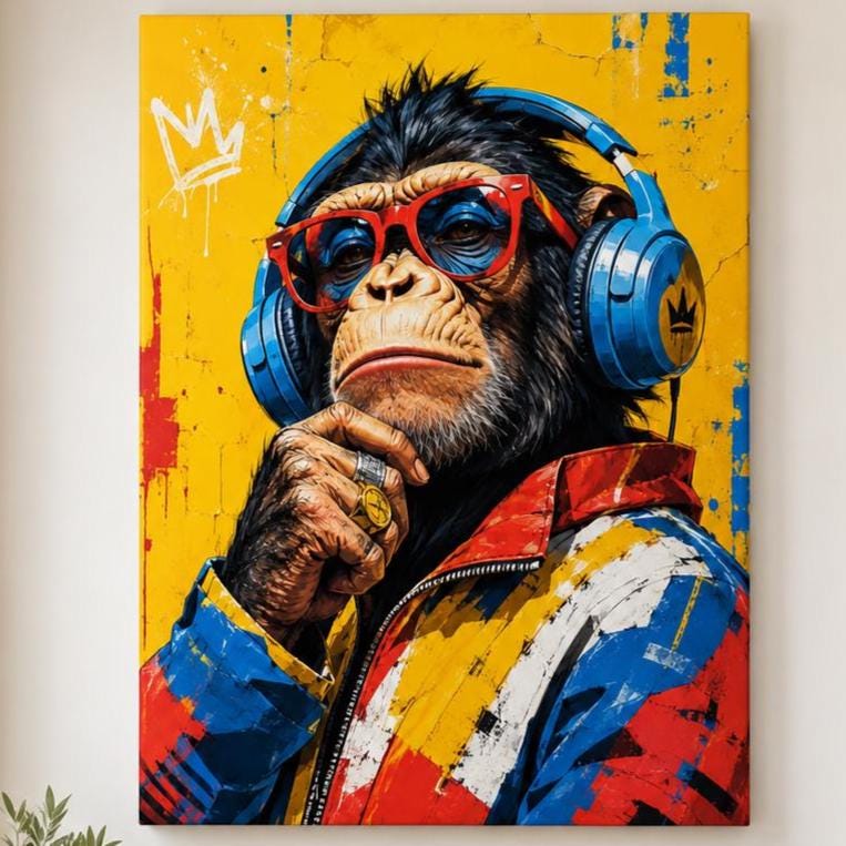 Quadro scimpanzé con cuffie e occhiali - Scimmia Beat, stampa, tela o cornice