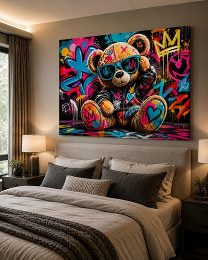 Quadro orsetto con occhiali in ambiente graffiti - Orsetto Street Pop, stampa, tela o cornice