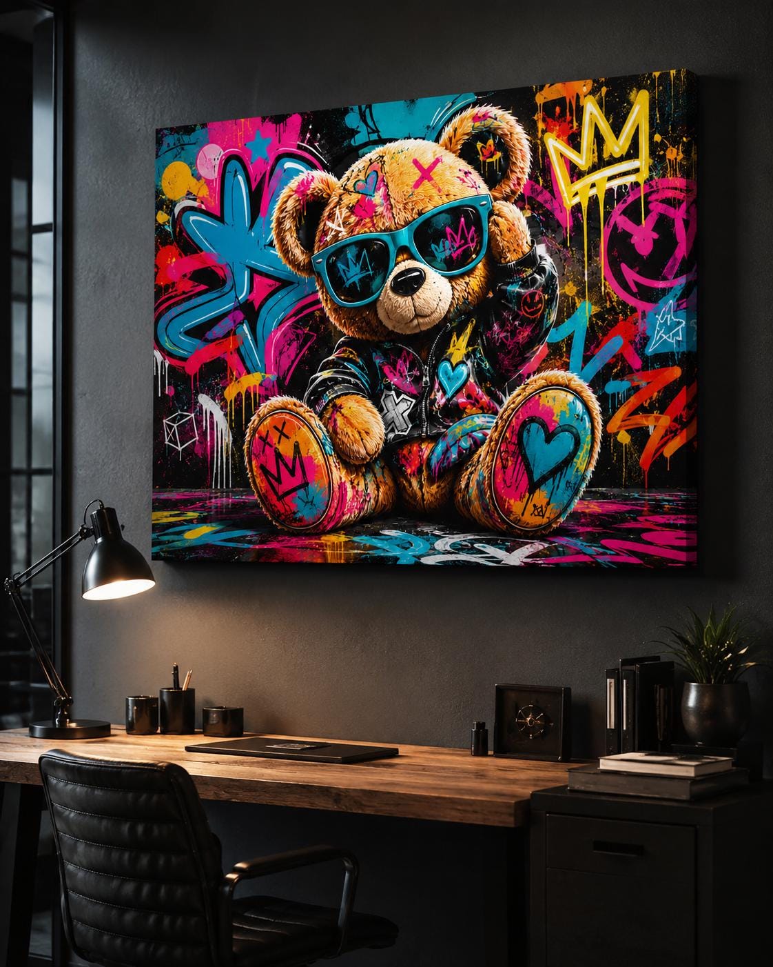 Quadro orsetto con occhiali in ambiente graffiti - Orsetto Street Pop, stampa, tela o cornice