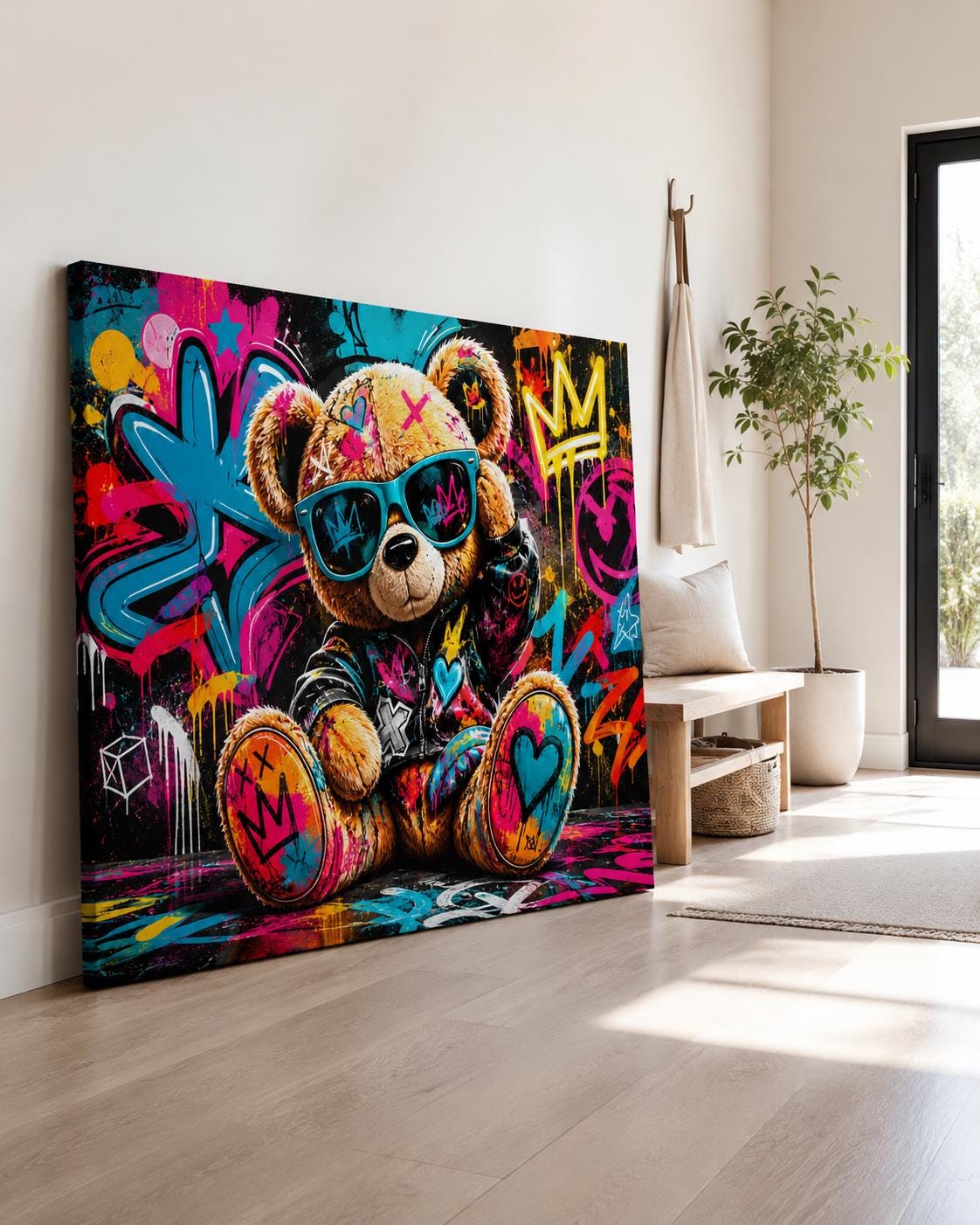 Quadro orsetto con occhiali in ambiente graffiti - Orsetto Street Pop, stampa, tela o cornice