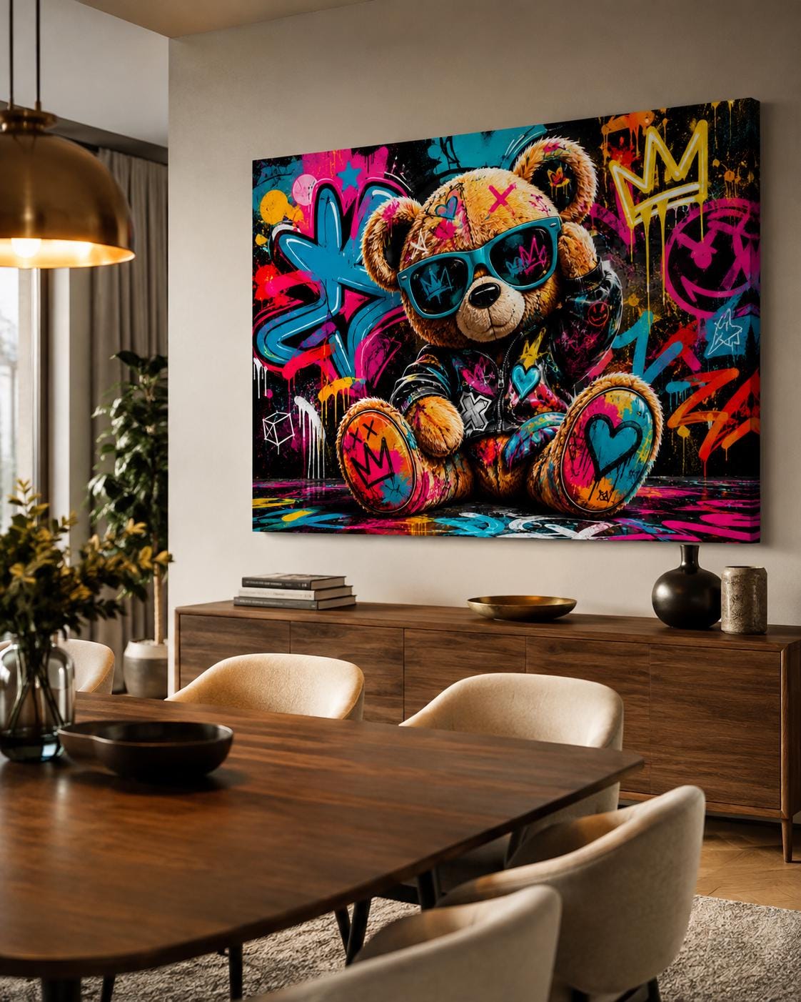 Quadro orsetto con occhiali in ambiente graffiti - Orsetto Street Pop, stampa, tela o cornice