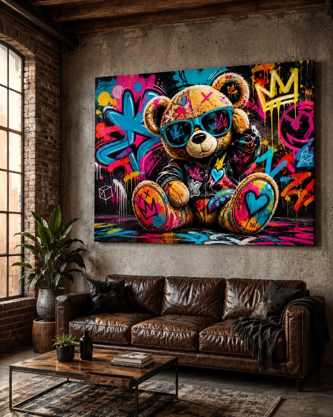 Quadro orsetto con occhiali in ambiente graffiti - Orsetto Street Pop, stampa, tela o cornice