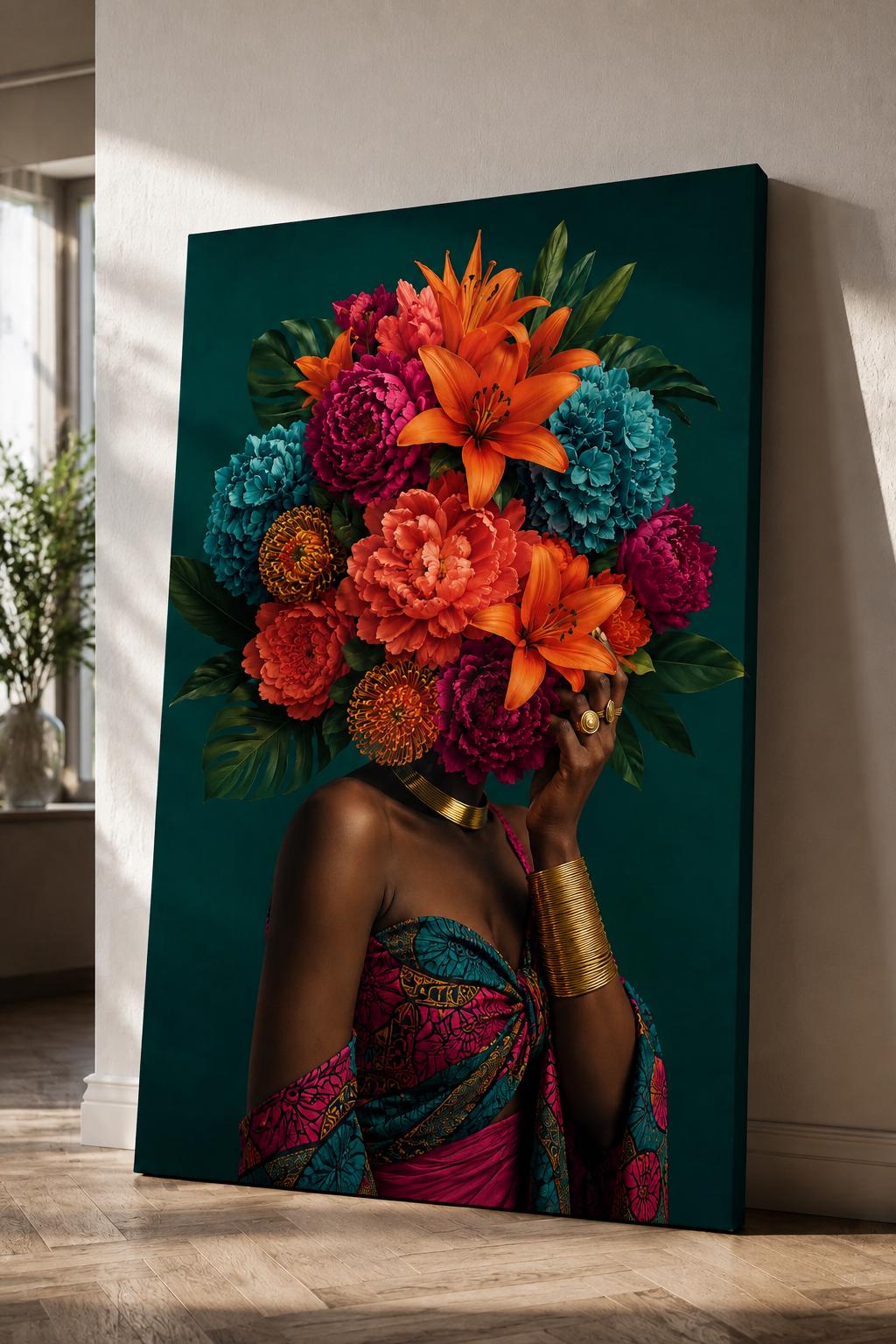 Quadro figura femminile con bouquet al posto del volto - Fioritura Interiore, stampa, tela o cornice