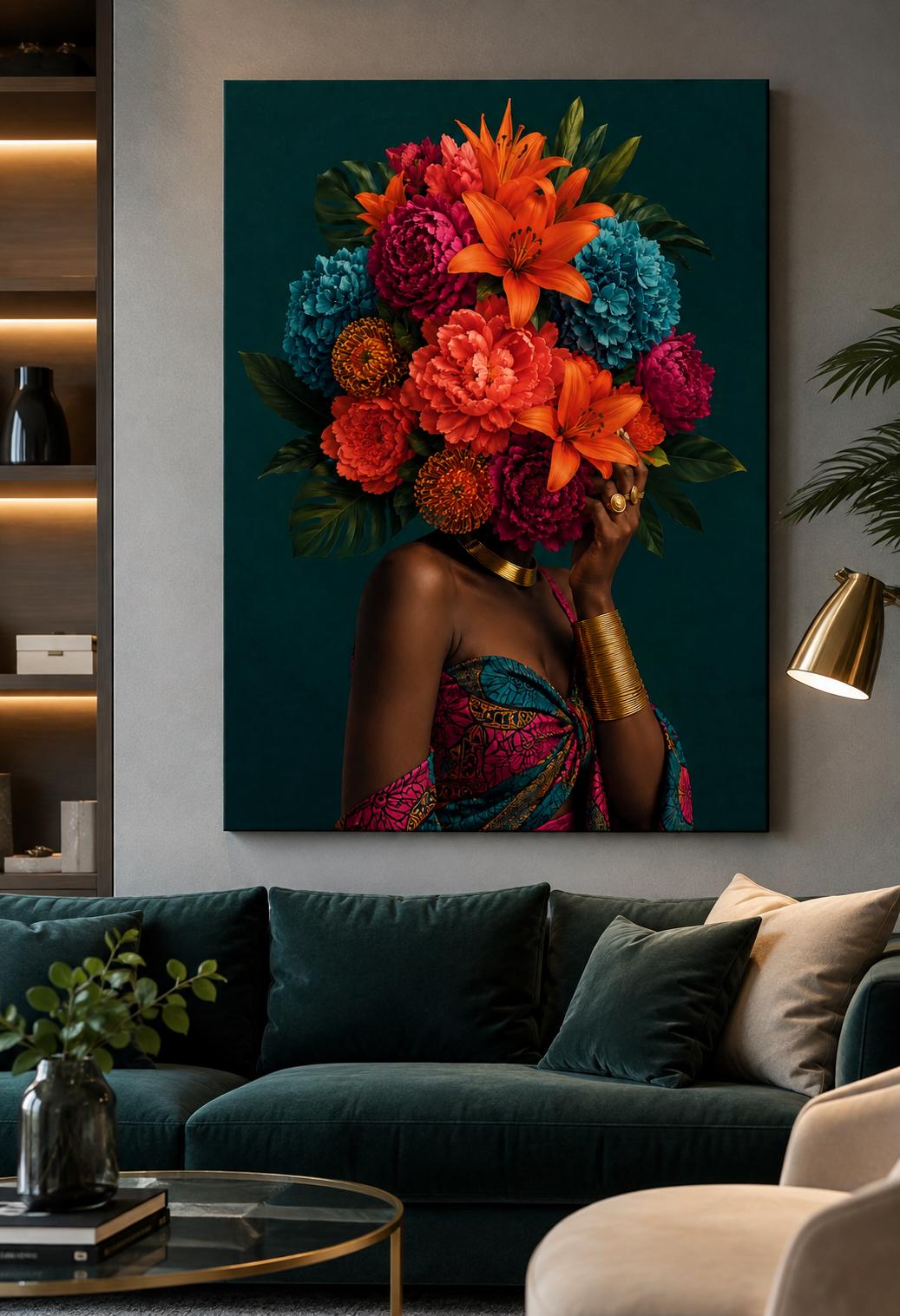 Quadro figura femminile con bouquet al posto del volto - Fioritura Interiore, stampa, tela o cornice