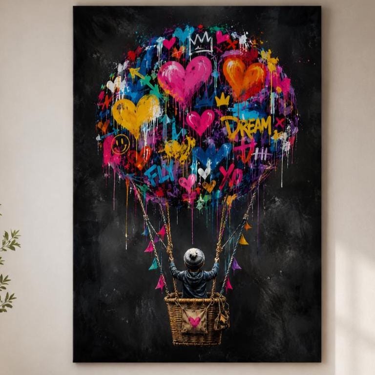 Quadro bambino in mongolfiera di cuori - Sogni in Volo, stampa, tela o cornice