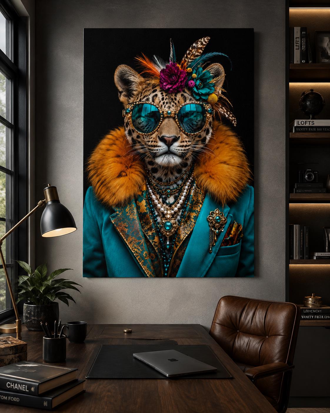 Quadro leopardo elegante con occhiali e gioielli - Leopardo Dandy, stampa, tela o cornice